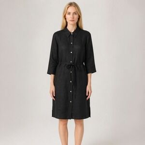 Steilmann Linen Shirt Dress Minimalist Tie Waist Casual Black Chic *See Measurem